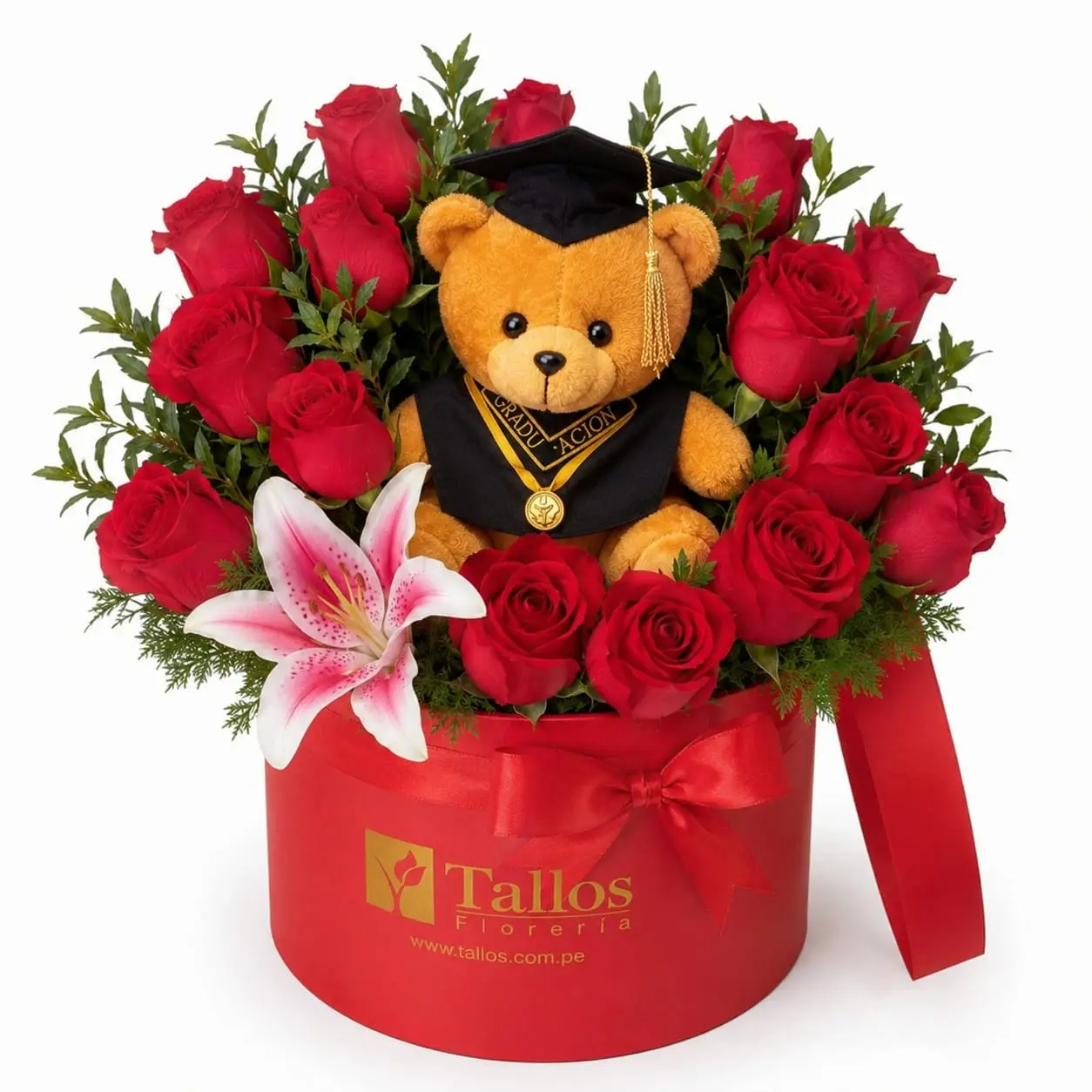 box floral de graduación con peluche para felicitar al graduado con delivery de flores en Lima